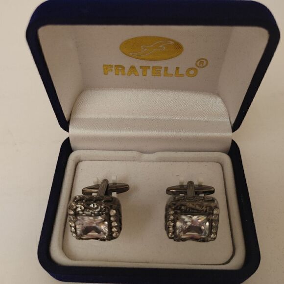 MEN'S FRATELLO BLACK-GREY HARDWARE CUFFLINKS WITH SQUARE GLASS STONES. - Picture 2 of 2